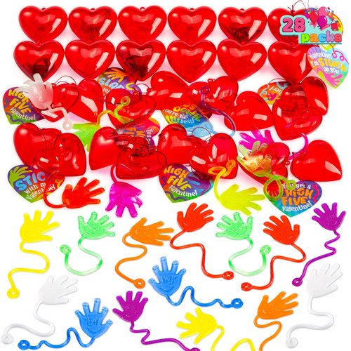 JOYIN 28 Pack Valentine's Day Sticky Hands with Cards, Classroom Exchange Gift for Kids, Classroom and Holiday Reward Prizes, Valentine’s Party Favors, Sticky Hands Toys