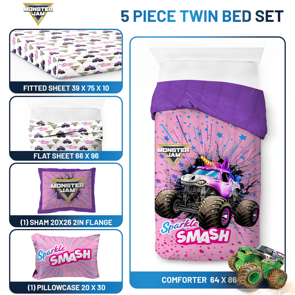 Jay Franco Kids Comforter Set Includes Sheets and Pillow Covers - Soft and Cozy Bed Set for Stylish Room Decor, Pink - Monster Jam, 5 Piece Twin Bedding