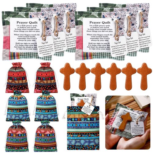Breling 18 Pcs Mini Prayer Quilt with Cross and Drawstring Bag Inside Handmade Scripture Pocket Prayer Quilt Christian Gifts for Women for Easter Friends Father Family Pastor Appreciation