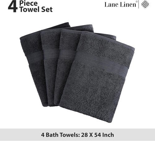 LANE LINEN Bath Towels 4 Pack - 100% Ring Spun Cotton, Quick Drying & Soft - Large 28"x54" Black Towels