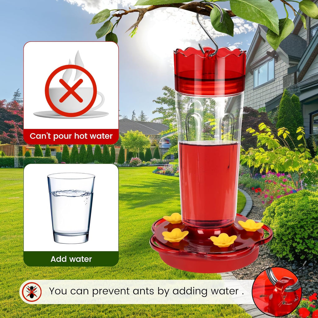Skiennix Hummingbird Feeder - 15 Ounce Red Outdoor Feeder with 5 Feeding Ports & Ant Moat | Garden Décor
