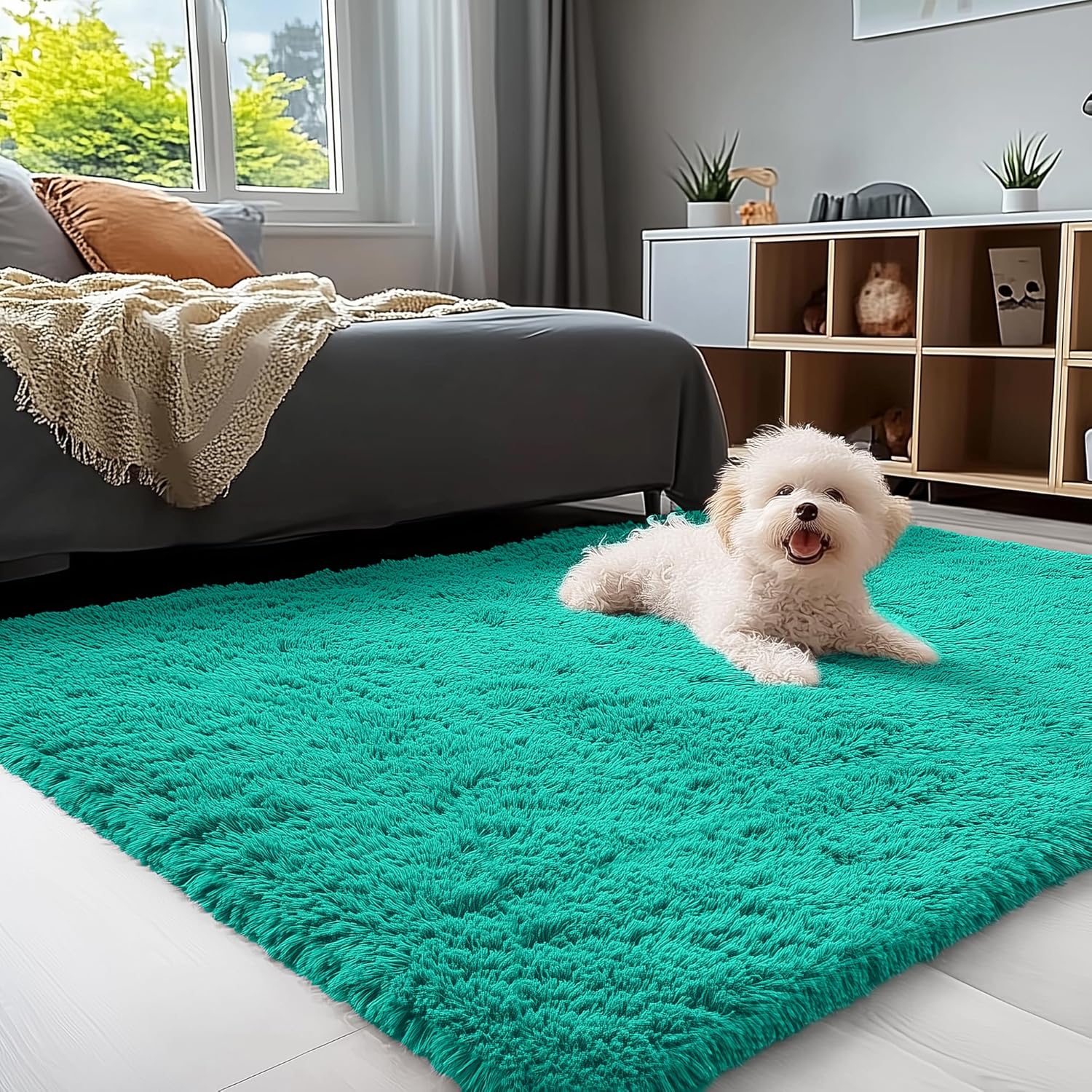 OLANLY Small Bedside Rug - Soft Fluffy Shaggy Carpet for Kids & Nursery | Machine Washable, Teal Green