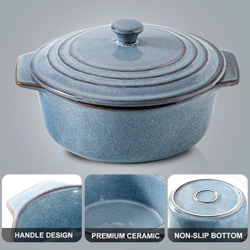 HVH Ceramic Casserole Dish - 2 Quart Round Baking Dish with Lid | Oven Safe, 9 Inches for Dinner Parties