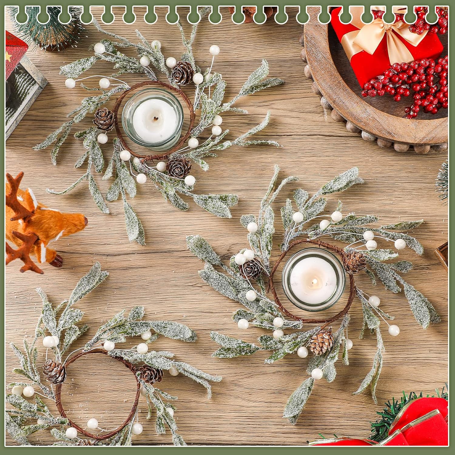 Skiennix Christmas Pillar Candle Rings - Frosted Mistletoe Wreaths with Pearl Accents | Set of 6 for Holiday Decor