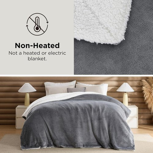 Bedsure GentleSoft Sherpa Fleece Queen Blanket - Thick, Warm, Plush Throw for Winter | Grey, 90x90 Inches