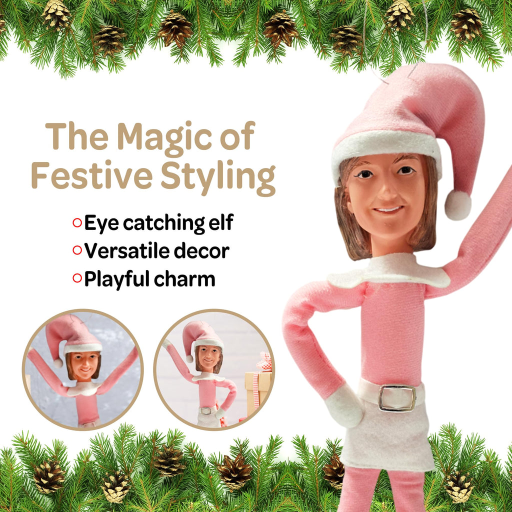 Party Monkeys Bend and Pose Pink Timeless Holiday Charm Martha Elf 35cm Ornament – Handmade Pink Christmas Elf Decoration for Tree, Mantel, Shelf, and Holiday Party Décor
