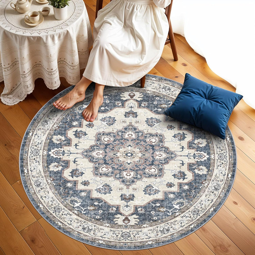Skiennix Washable Circle Rug - 6ft Round Ultra Thin Soft Carpet | Water Resistant Floral Design in Blue