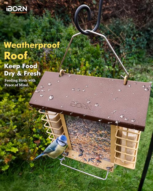 iBorn Bird Feeders - Weatherproof Suet Feeder with Double Holders | 3.2 LB Capacity, Coffee Roof & Yellow Grid