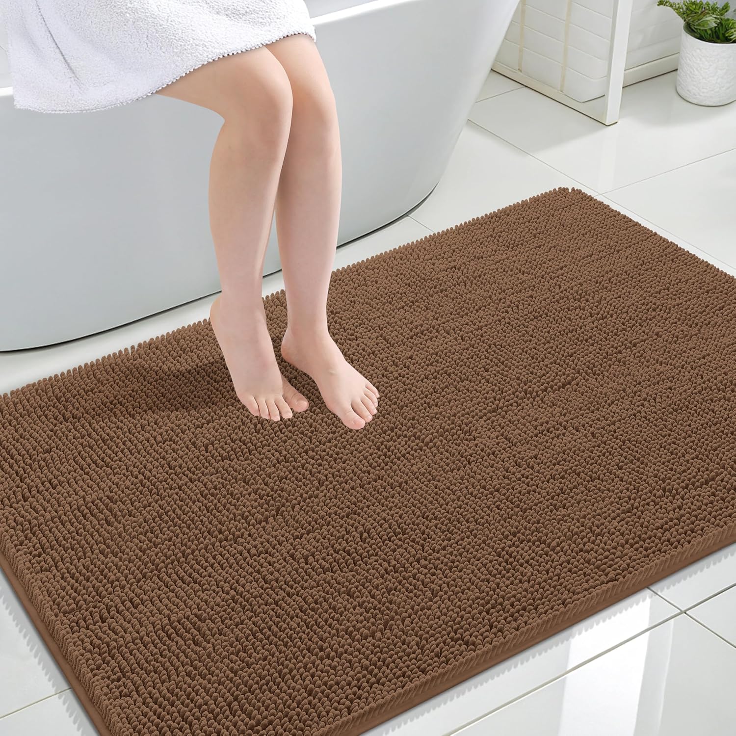 OLANLY Large Bathroom Rugs - Extra Soft Chenille Bath Mats | Quick-Dry, Machine Washable, Mocha 44x32