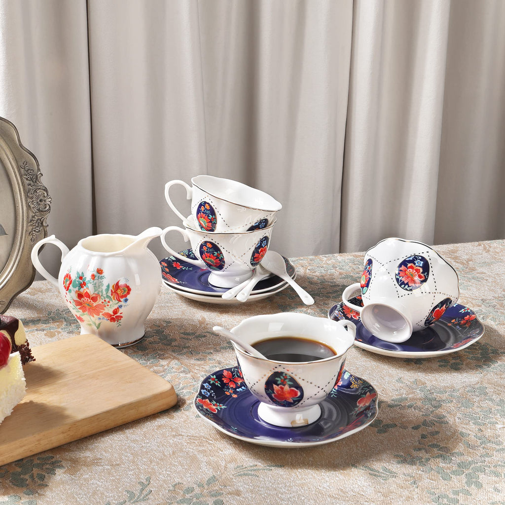 fanquare 21 Piece Old Victorian Porcelain Tea Set for 6, Royal British Floral Tea Cup Set for Women, Wedding Tea Party Set for Adults