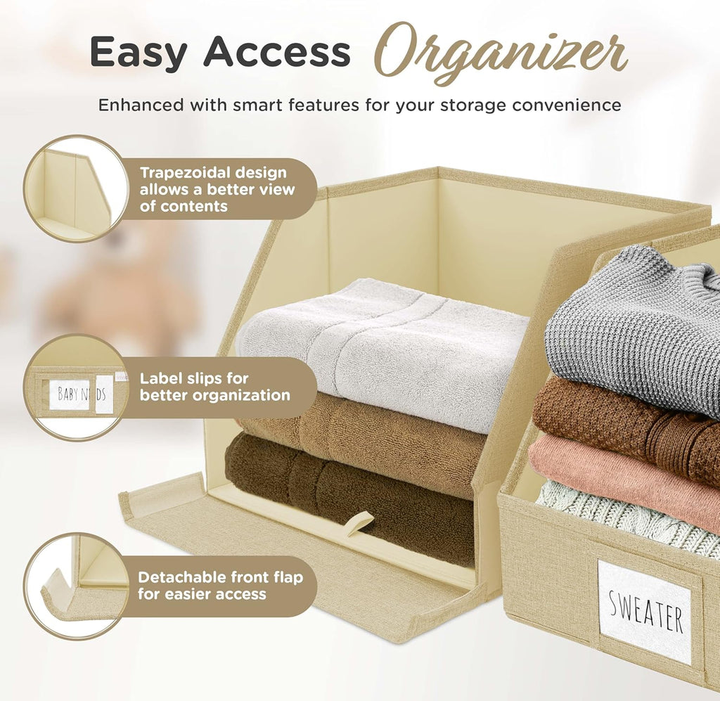 VIVIDECOR Trapezoid Storage Bins - 3-Pack Foldable Fabric Closet Organizers | Beige Cube Baskets for Clothes