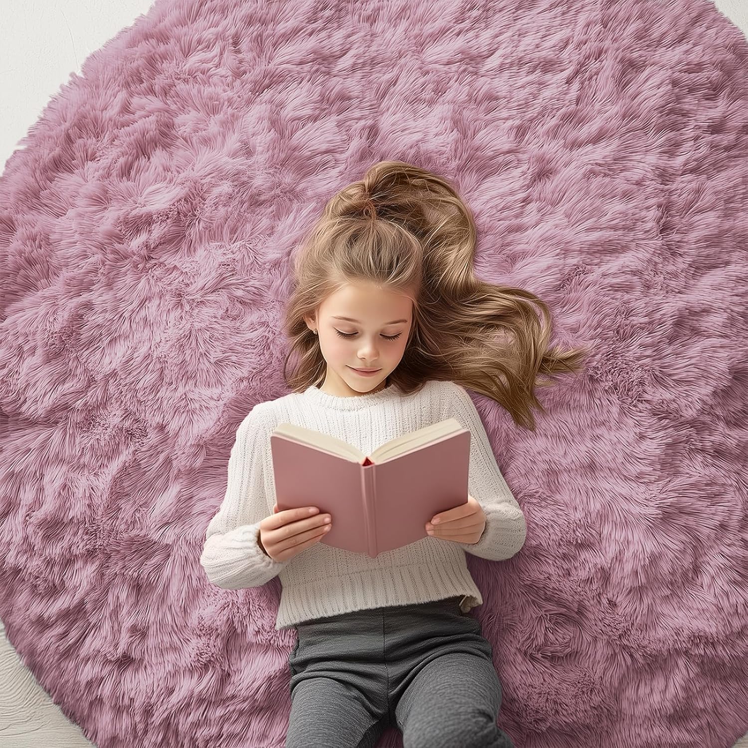 OLANLY Blush Round Area Rug - Soft, Fluffy, Machine Washable 5 ft Circle Carpet for Bedroom & Nursery Decor