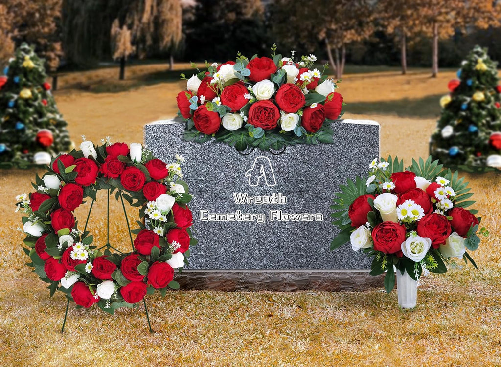 Memorial Day Cemetery Wreaths - Red Peony & White Rose Artificial Flower Arrangement on Metal Stand