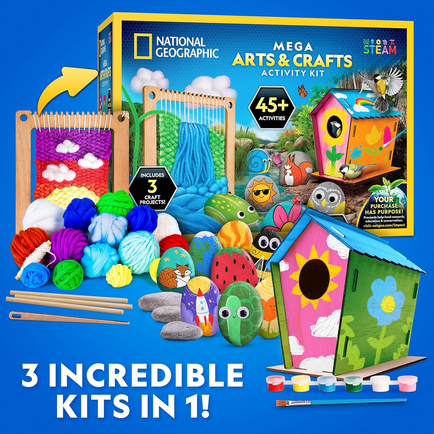 National Geographic Mega Arts & Crafts Activity Kit - 3-in-1 Craft Set for Kids | Build, Paint, Weave & Create