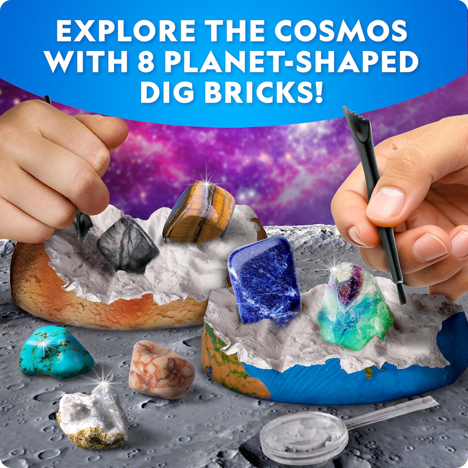 National Geographic Ultimate Space Gemstone Dig Kit - 8 Planet-Shaped Bricks with 16 Real Gemstone Specimens for Kids