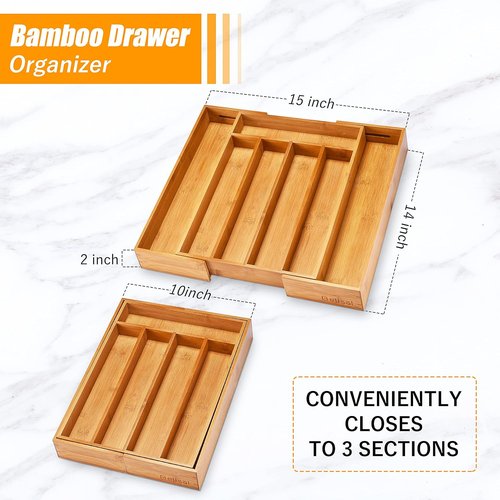 Bellsal Bamboo Silverware Organizer - Expandable Kitchen Drawer Utensil Holder | Cutlery Tray for Home Use