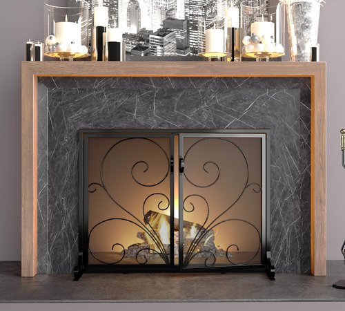 Calidola Fireplace Screen with Double Doors, Metal Mesh Spark Guard, Baby Proof Fireplace Screen, Decorative Black Safety Screen for Wood Stoves and Fireplaces