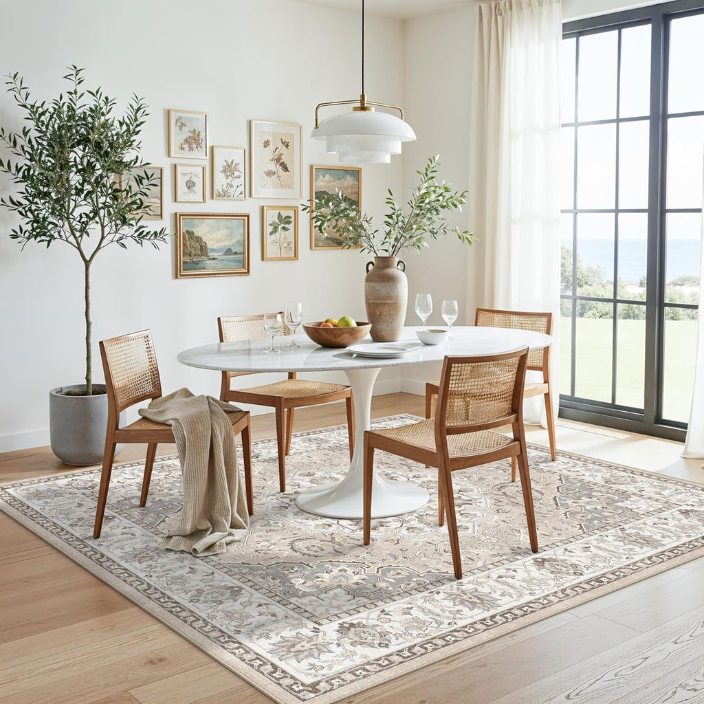 Skiennix Washable 5x5 Square Area Rug - Non-Slip, Stain-Resistant, Water-Resistant Beige Carpet for Indoor Use