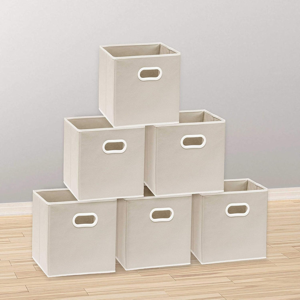 Simple Houseware Foldable Cube Storage Bins - 11-Inch Beige Fabric Organizers | 6-Pack with Handles