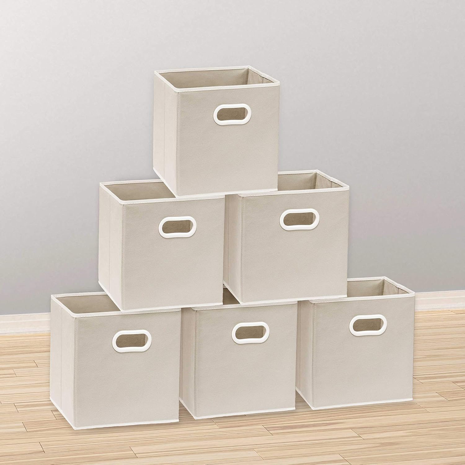 Simple Houseware Foldable Cube Storage Bins - 11-Inch Beige Fabric Organizers | 6-Pack with Handles