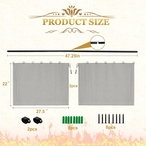 Fireplace Mesh Screen Curtain Kit with Adjustable Fireplace Curtain Rod, Adjustable Fireplace Screen Panels 22" H × 27.5" W Black Matte