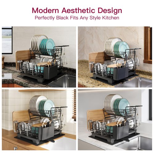 BOOSINY 2 Tier Black Large Stainless Steel Dish Drainers Drying Rack for Kitchen Counter with Drainboard, Rust Proof Metal, Space Saving, Modern Aesthetic, Compact Plates Strainers with Extra Mat