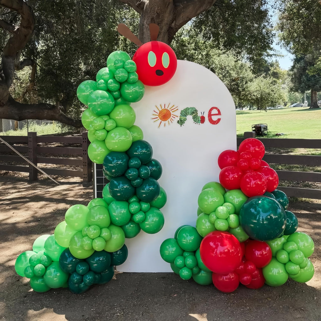 Hungry One Caterpillar Balloon Garland Kit, 164pcs Green Caterpillar Shaped Balloons with Fruit Foil Balloons for First Birthday Decorations Picture Book Story Theme Party Summer Baby Shower Supplies