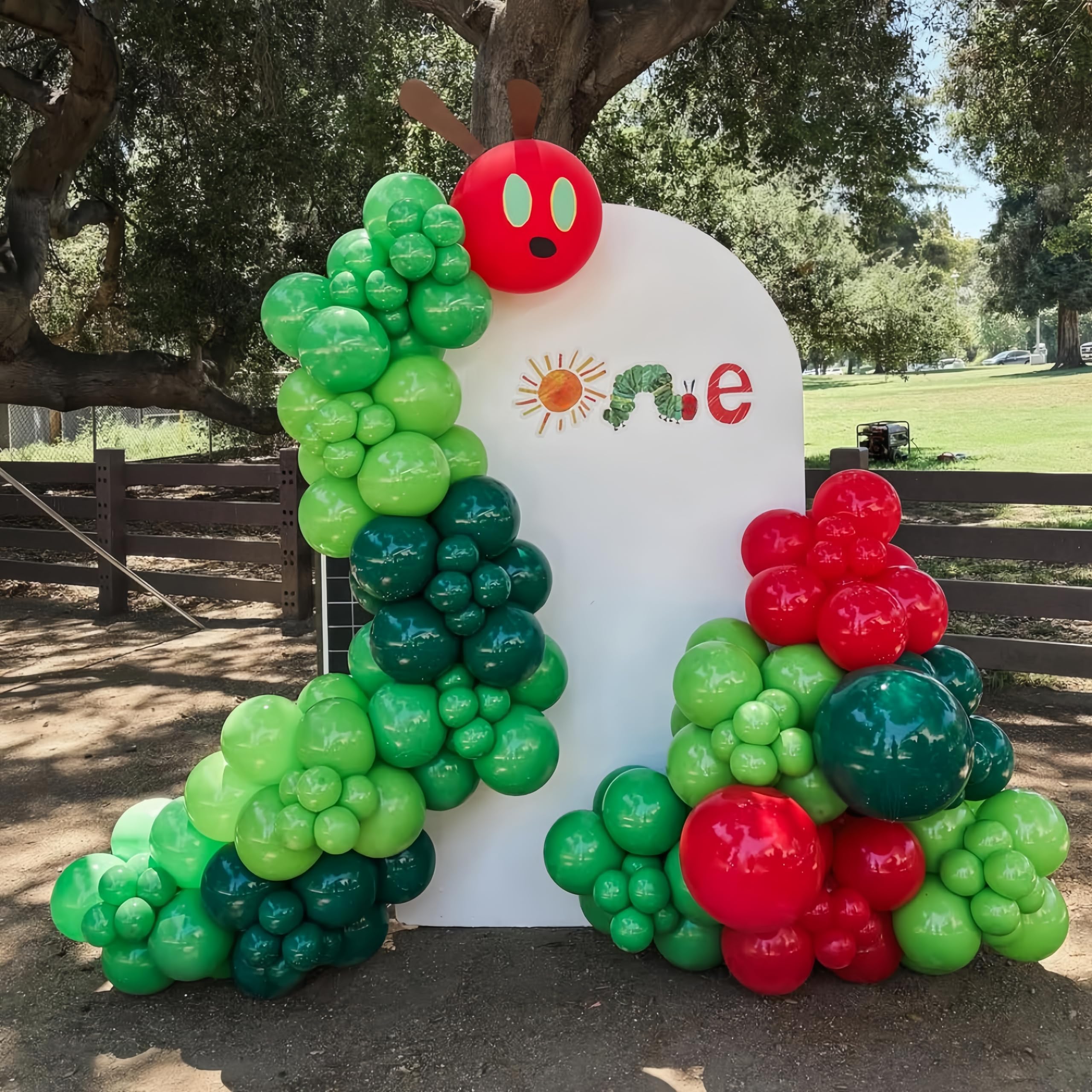 Hungry One Caterpillar Balloon Garland Kit, 164pcs Green Caterpillar Shaped Balloons with Fruit Foil Balloons for First Birthday Decorations Picture Book Story Theme Party Summer Baby Shower Supplies