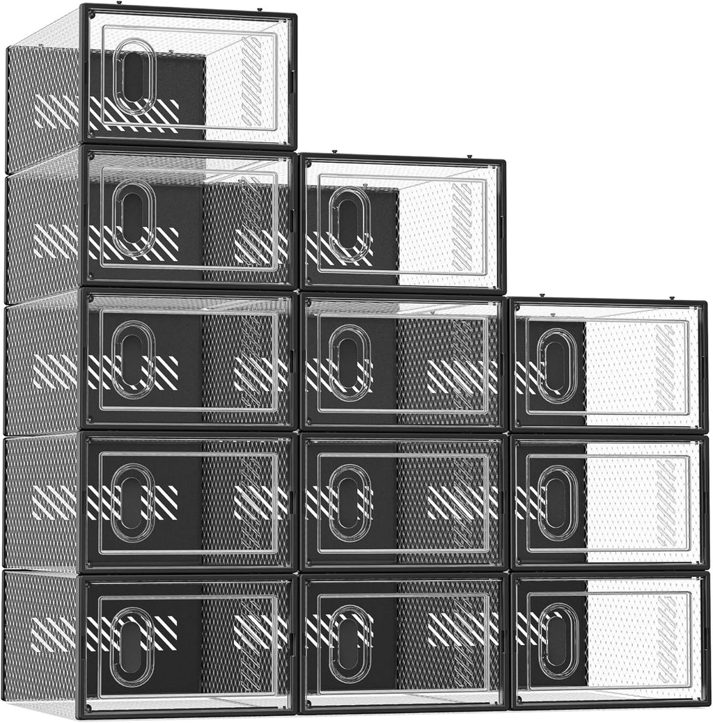 SIMPDIY Shoe Organizer - 12 Pack Clear Plastic Stackable Shoe Storage Boxes with Lids | Size 10, Black
