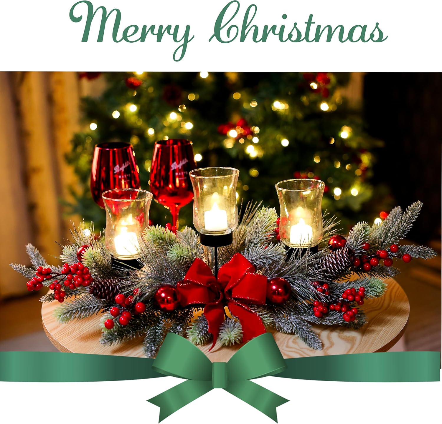 Regine Switzerland Red Christmas Table Centerpiece - Cedar Decoration with 3 Candlestick Glass Cups & Red Berries