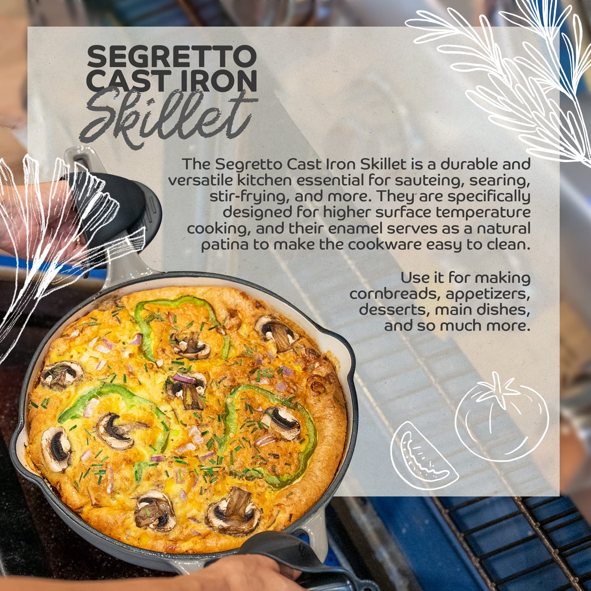 Segretto Cookware Enameled Cast Iron Skillet, 10.25-IN Rosso (Gradient Red) Enamel Skillet Pan, No Seasoning Required and Cast Iron Frying Pan