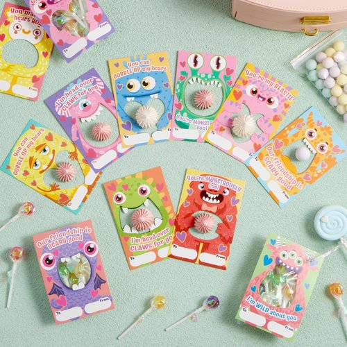 JOYIN 72 Pcs Valentines Day Gifts Cards of Monster Designs with Bags, Valentine’s Horrow Greeting Cards Candy Holder Cards for Kids, Classroom Exchange Cards Party Favors(Candy Not Included)