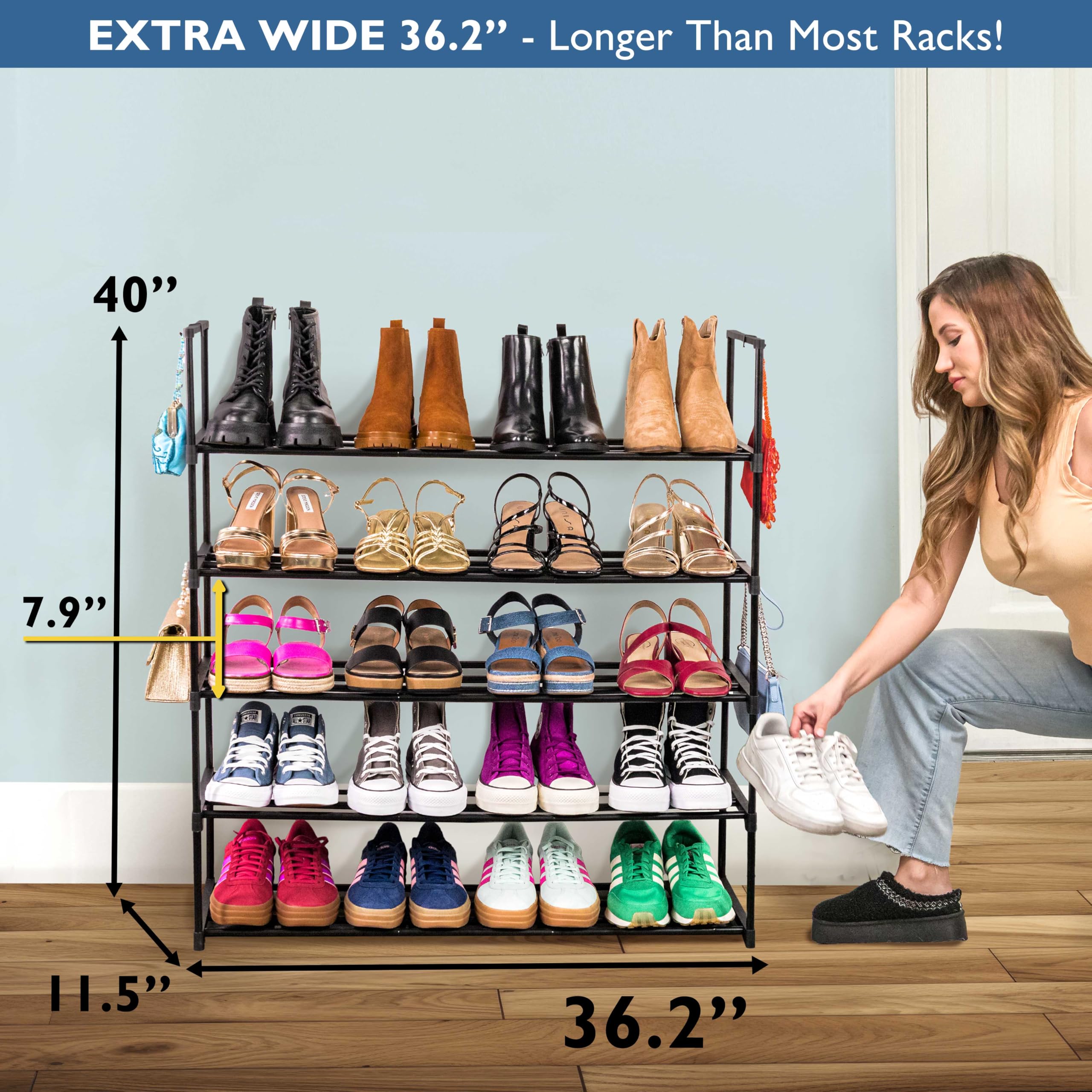 Sundaze Shoe Rack - 5 Tier Metal Shoe Rack for Front Door Entrance, Sturdy Long Shoe Organizer for Closet, Bedroom, Entryway, Garage, Black Metal Shoe Shelf, Holds Up to 25 Pairs