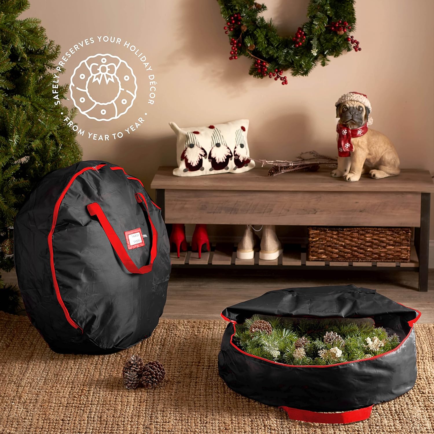 ZOBER Christmas Wreath Storage Container - 24 Inch Waterproof Oxford Bag with Dual Zippers & Durable Handles - Black