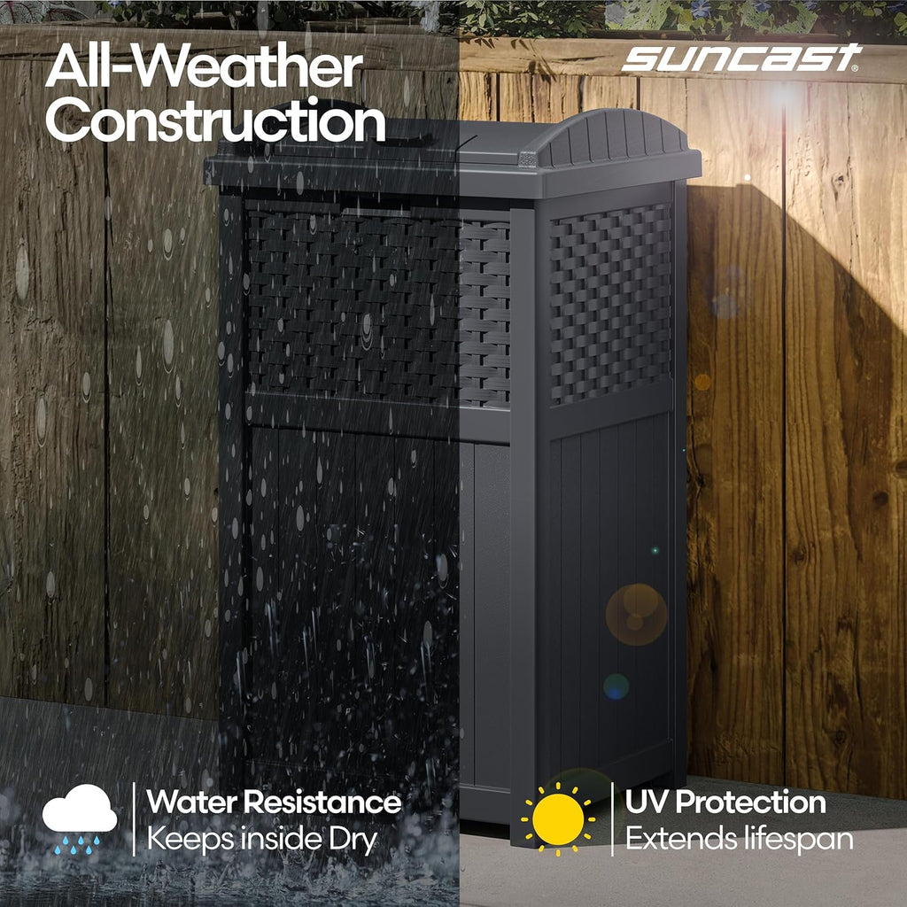 Suncast 33 Gallon Wicker-Style Trash Can - Secure Latching Lid & Weather-Resistant Design | Cyberspace Grey