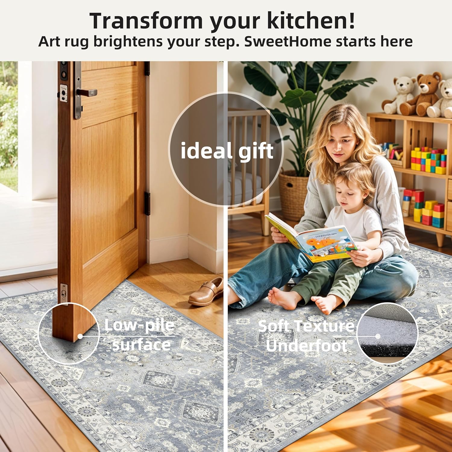 Skiennix Vintage Washable Runner Rug - Non-Slip Soft Carpet for Entryway | 3x6 Grey Stain Resistant Mat