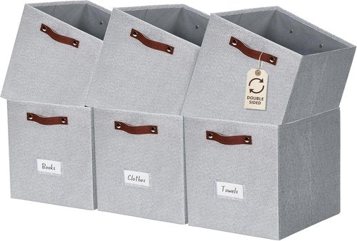 DECOMOMO Storage Cubes - 13x13x13 Fabric Organizer Bins with Labels | Set of 6 in Light Texture Grey