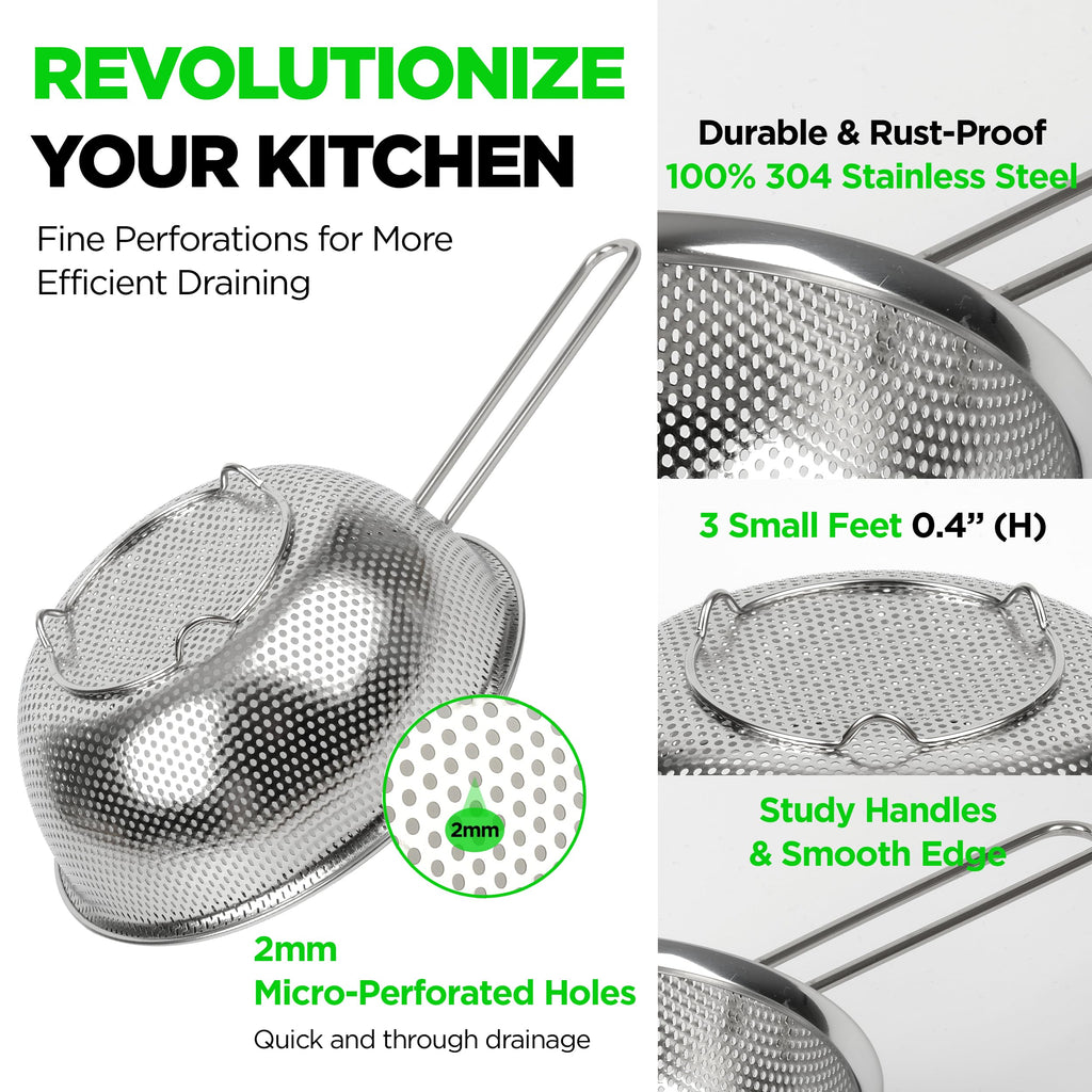COMPORT K Premium 18/8 304 Stainless Steel Set of 3 – Micro-Perforated Strainer with Long Handle, Self-Draining Base for Pasta Rice Vegetables, 18/8 304 Heavy Duty (1.5, 2.5, 4 Qt) Made in Korea
