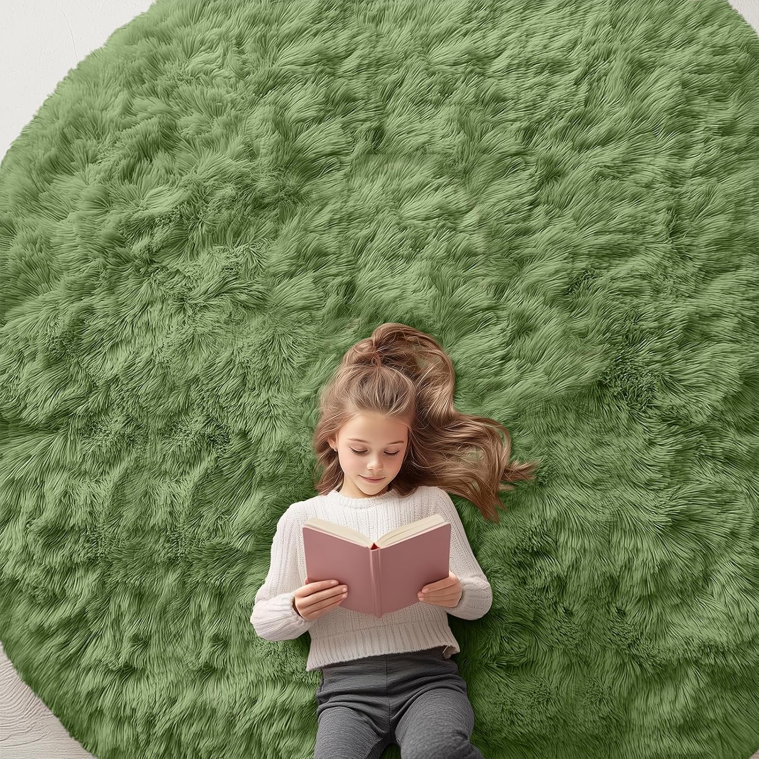 OLANLY Green Round Area Rug - Soft, Fluffy, Machine Washable 8 ft Circle Carpet for Bedroom & Living Room