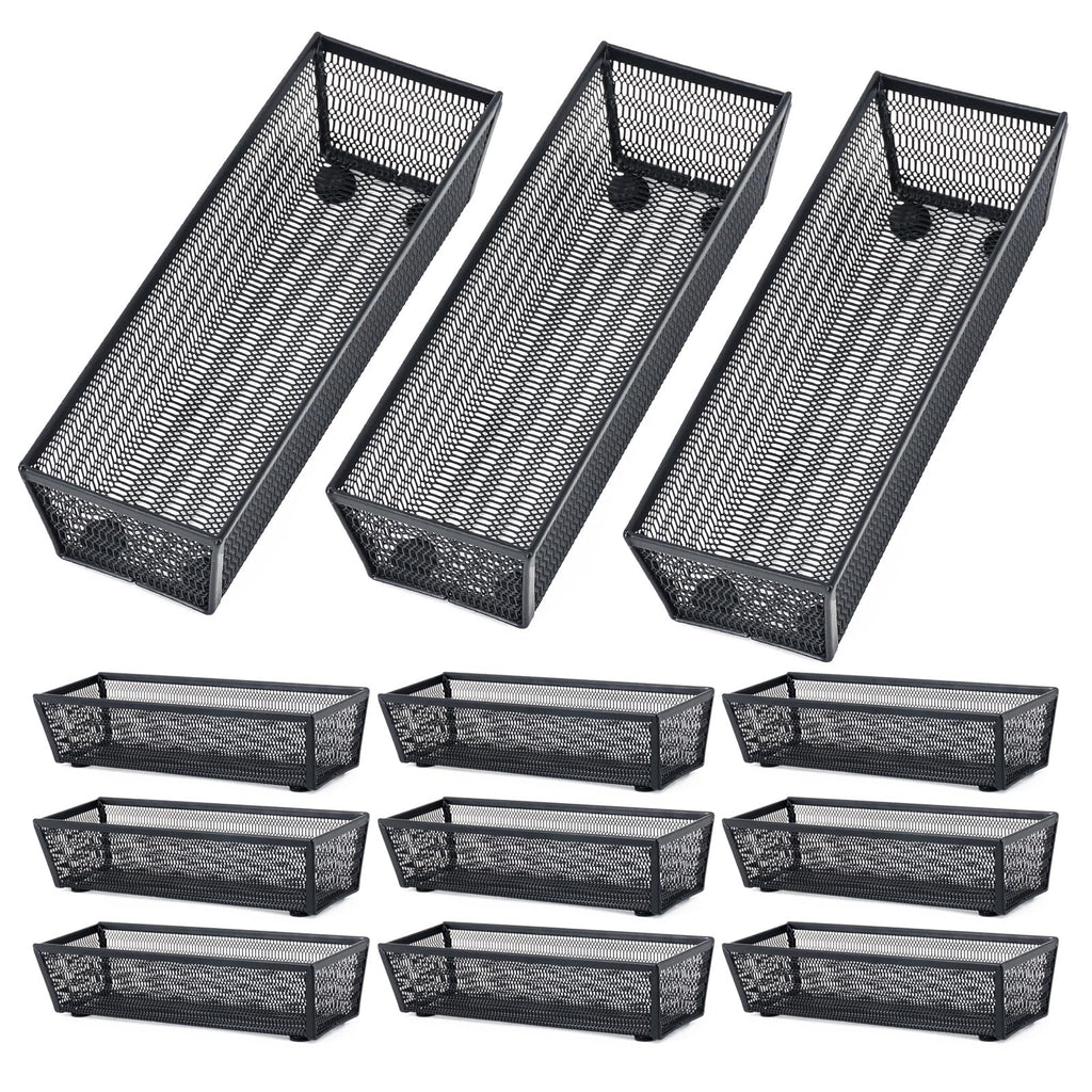Neudeco Silverware Organizer,Mesh Drawer Organizer for Kitchen，Metal Utensil Organizer for Flatware, Knives, Spoons,Cosmetic (Black 9 * 3 * 2 inch Pack12)