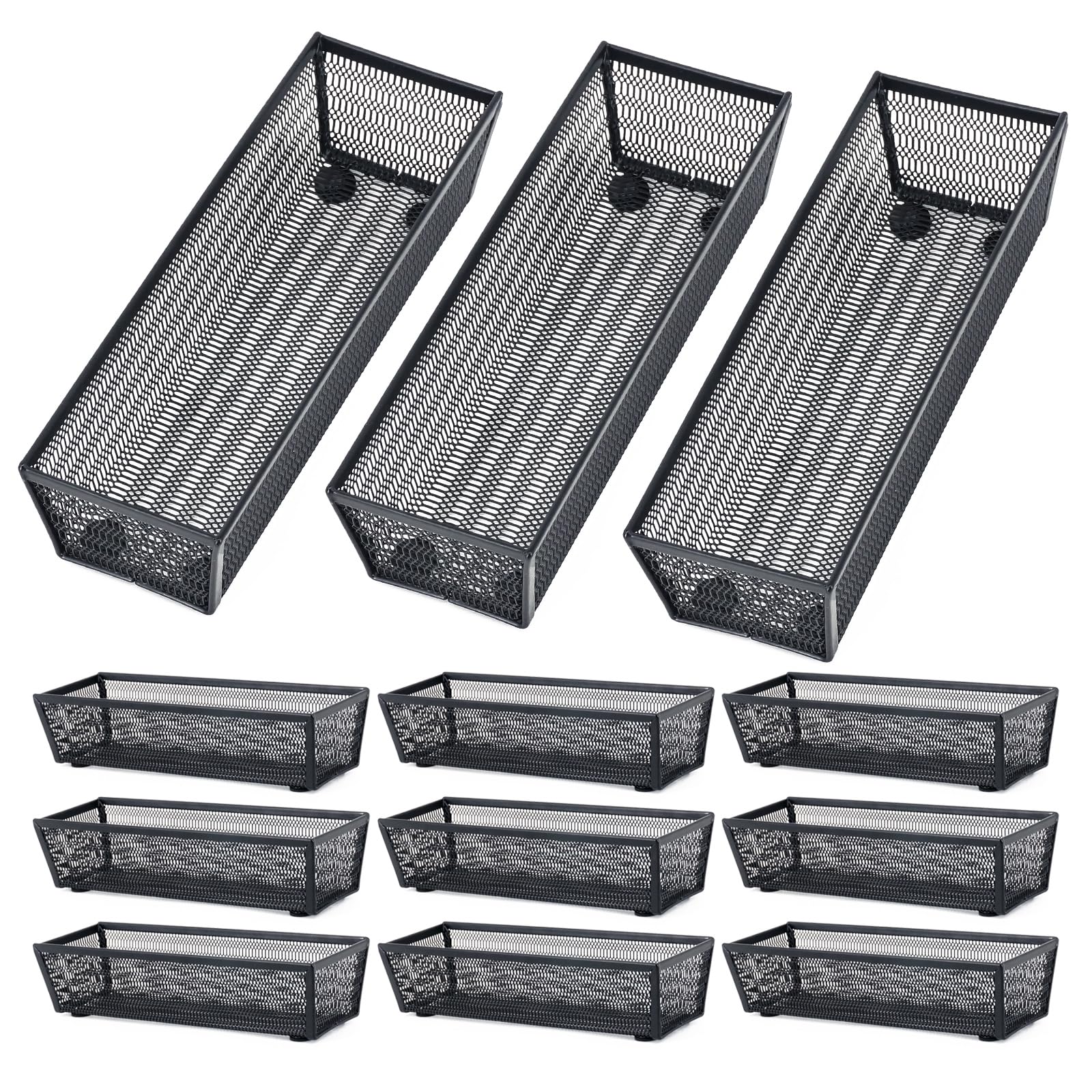 Neudeco Silverware Organizer,Mesh Drawer Organizer for Kitchen，Metal Utensil Organizer for Flatware, Knives, Spoons,Cosmetic (Black 9 * 3 * 2 inch Pack12)
