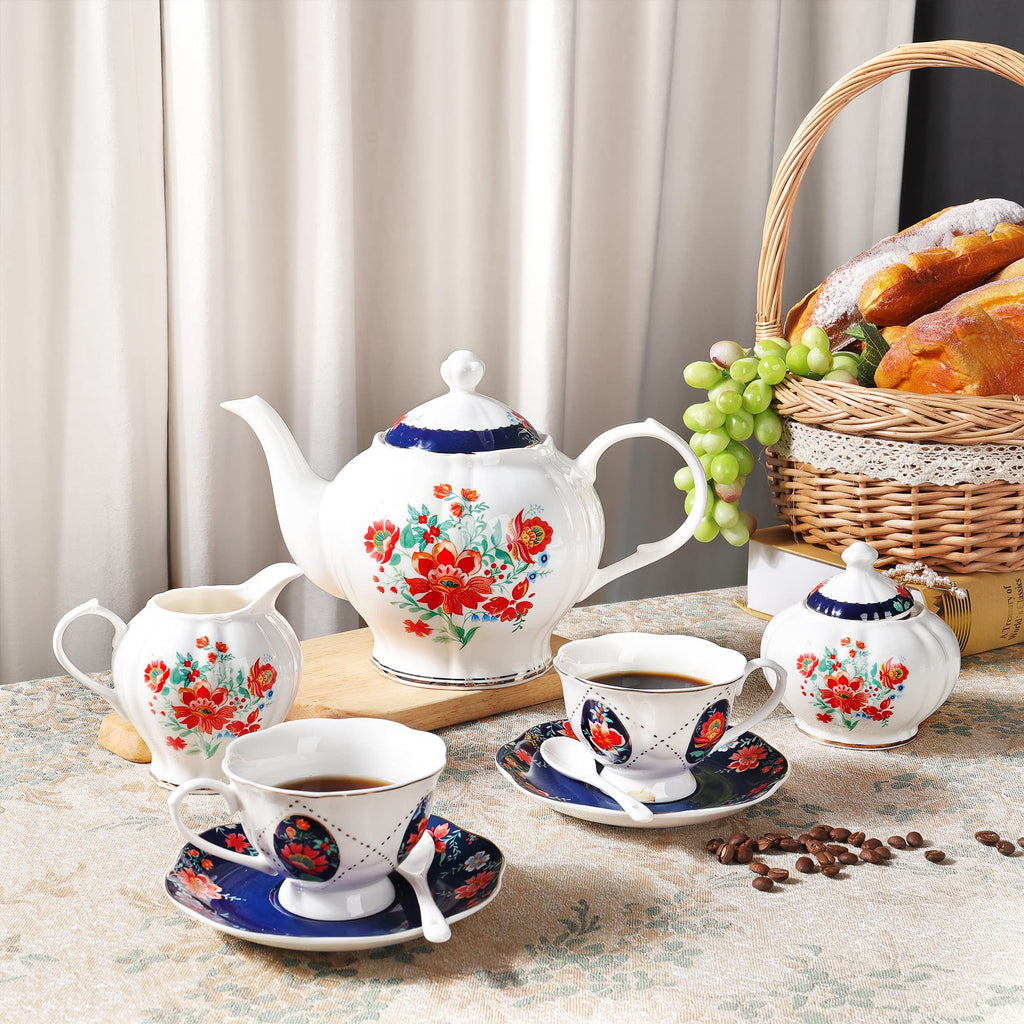 fanquare 21 Piece Old Victorian Porcelain Tea Set for 6, Royal British Floral Tea Cup Set for Women, Wedding Tea Party Set for Adults