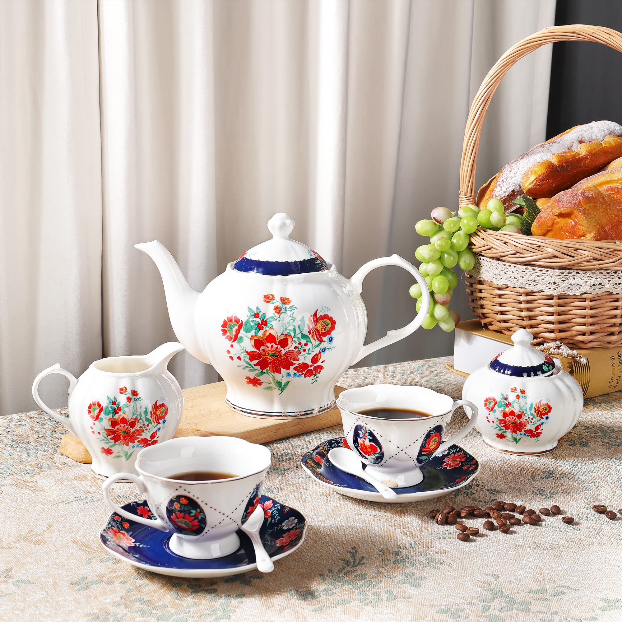fanquare 21 Piece Old Victorian Porcelain Tea Set for 6, Royal British Floral Tea Cup Set for Women, Wedding Tea Party Set for Adults