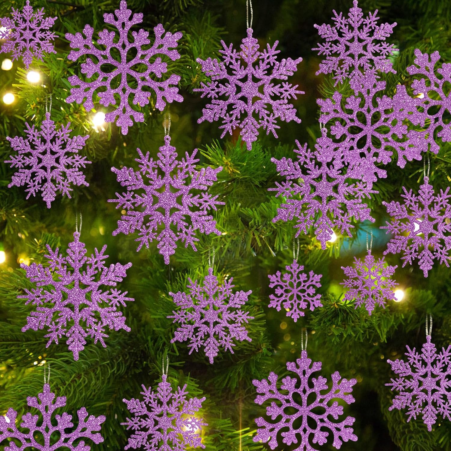 Skiennix 36pcs Christmas Light Purple Snowflake Ornaments - Plastic Hanging Decor for Winter Wonderland