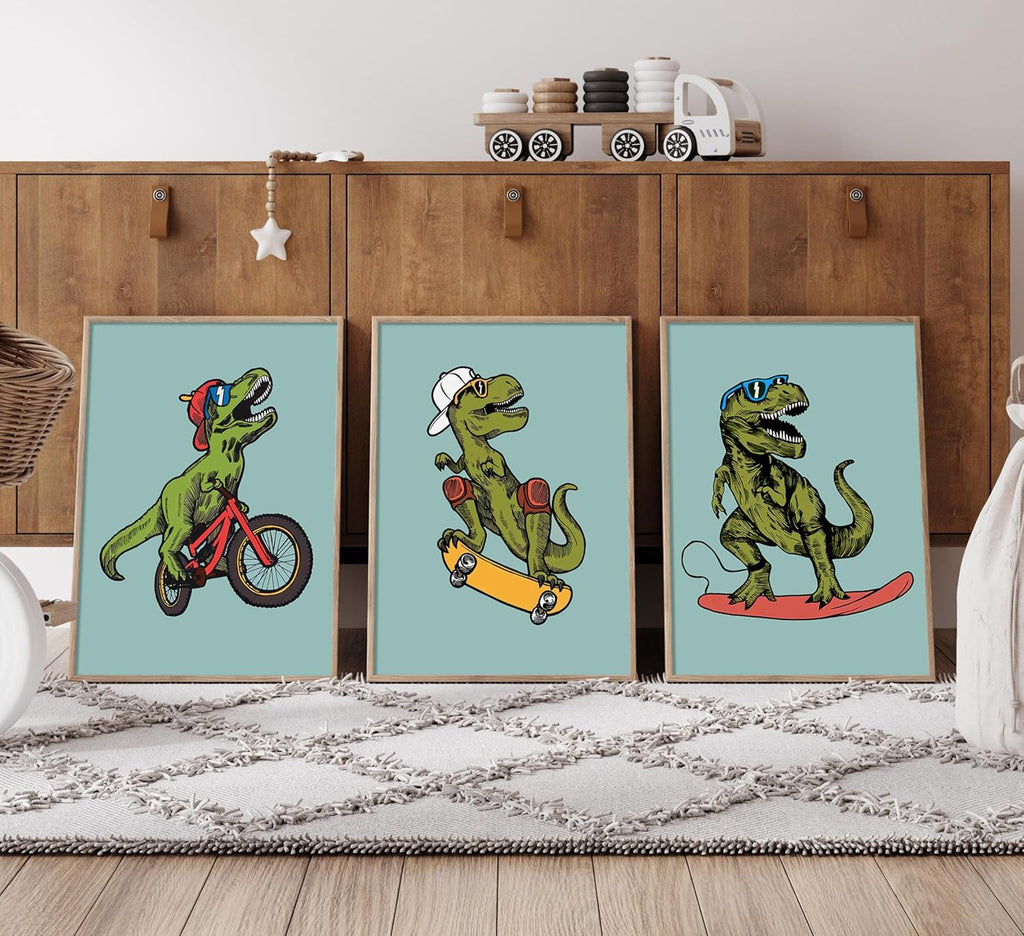 Skiennix 3pc Funny Dinosaur Nursery Canvas Wall Art - Surfing & Skateboarding Design for Boys' Room Decor