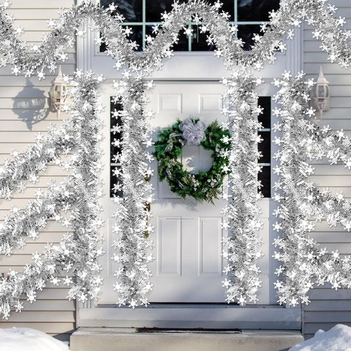 50 FT Christmas Decorations Tinsel Garland, Christmas Snowflake Garland Xmas Shiny Twist Metallic Garlands Decorations for Xmas Tree Home Indoor Outdoor Holiday Xmas Party Decor