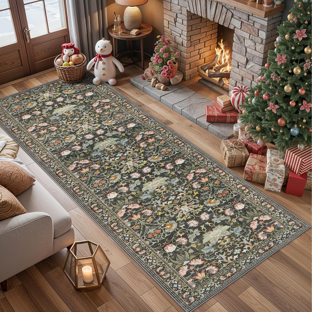 Skiennix Wide Hallway Runner Rug - 3x10 Water-Resistant Vintage Soft Carpet | Non-Slip Indoor Mat in Green