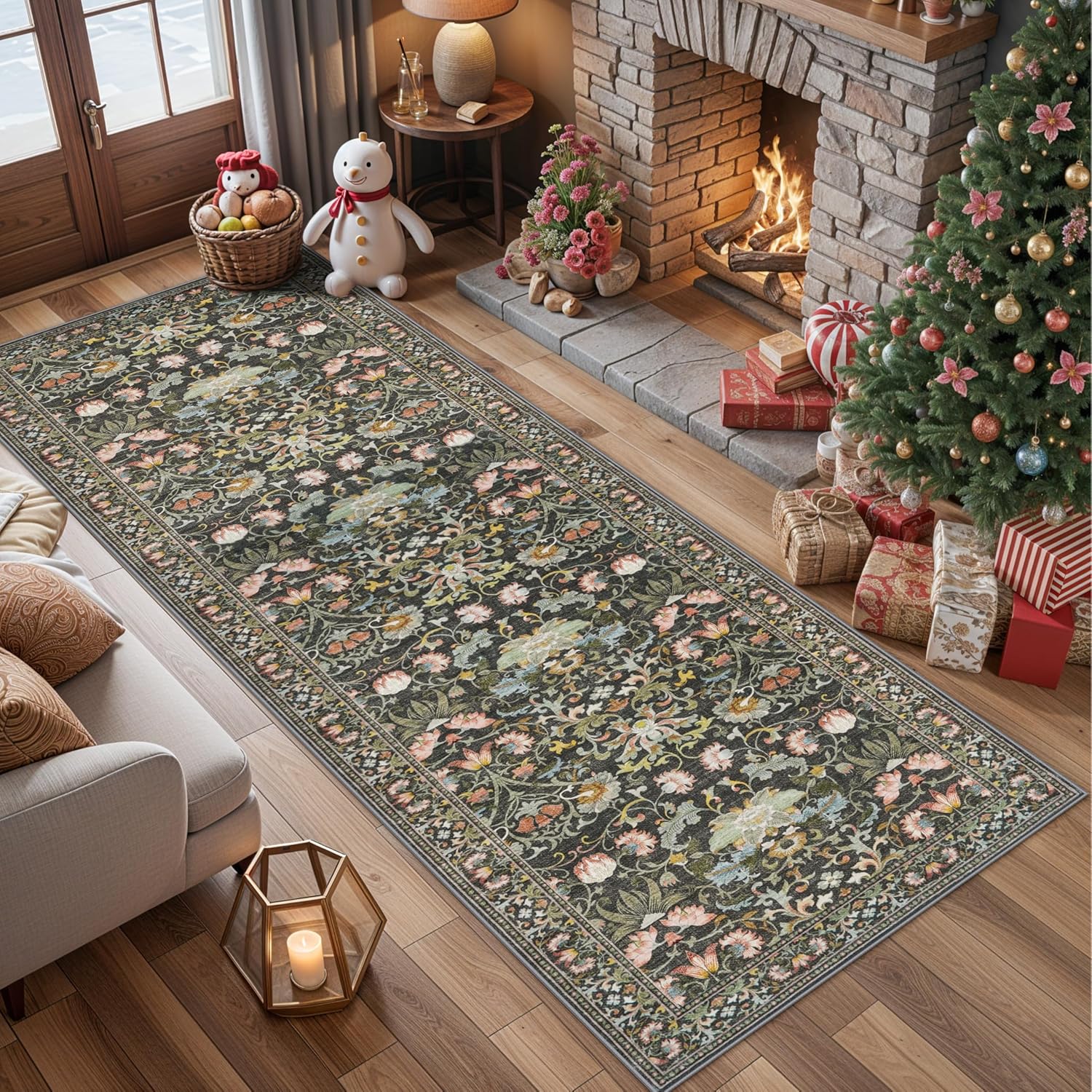 Skiennix Wide Hallway Runner Rug - 3x10 Water-Resistant Vintage Soft Carpet | Non-Slip Indoor Mat in Green