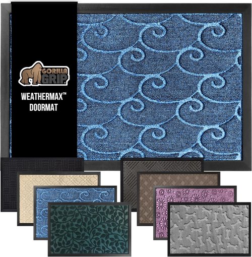 GORILLA GRIP Waterproof All-Season WeatherMAX Doormat - 72x24, Stain & Fade Resistant, Ocean Blue Waves