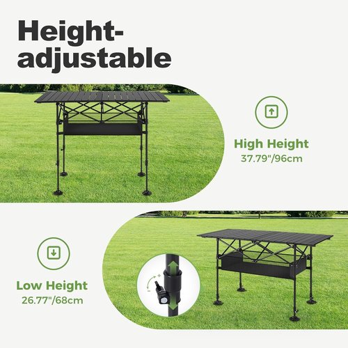 LET'S CAMP Folding Camping Table - Portable Aluminum Roll-Up Design with Adjustable Height & Large Storage Bag | Ideal for Picnics, BBQs, and Beach Outings